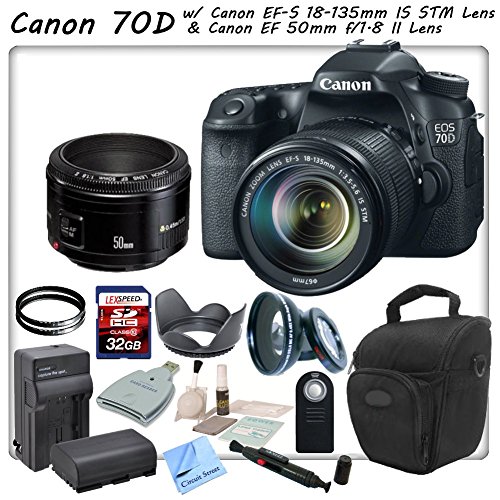 Canon EOS 70D Digital SLR Camera With Canon EF-S 18-135mm f/3.5-5.6 IS STM Lens & Canon EF 50mm f/1.8 II Lens & CS Sports Package: Includes High Definition Wide Angle Lens, 2 Protective UV Filters, Tulip Lens Hood, Wireless Shutter Release, Canon LPE-6 Replacement Battery, Rapid Travel Charger With Car Adapter & US+Euro Plugs, High Speed 32GB SDHC Memory Card, SD Card Reader, Holster Carrying Case, Brush Blower, Cleaning Kit, Lens Pen & CS Microfiber Cleaning Cloth