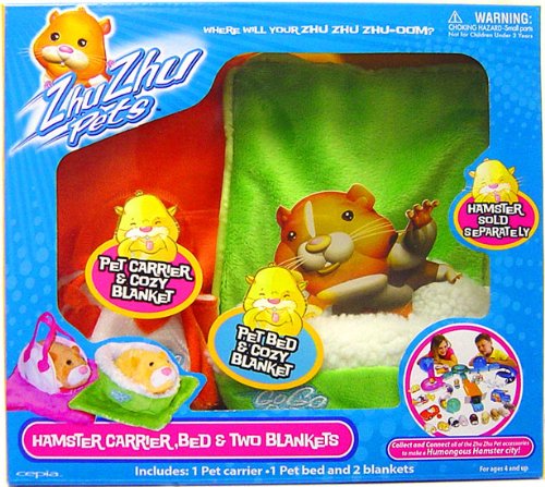 Go Go Pets [Zhu Zhu Pet] Hamster Accessory Kit Hamster Carrier, Bed & Two Blankets [Green & Orange]
