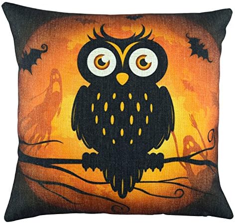 Elyhome 18x18 Inches Halloween Cotton Linen Decorative Throw Pillow Cover Black Owl on the Branch with Full Moon Background