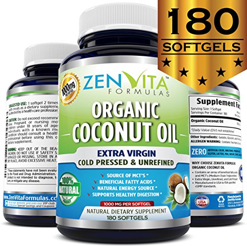 Organic Coconut Oil - 180 Softgels, Coconut Oil Capsules Made with Certified Organic Extra Virgin Coconut Oil. Cold Pressed and Unrefined. Natural Energy Source