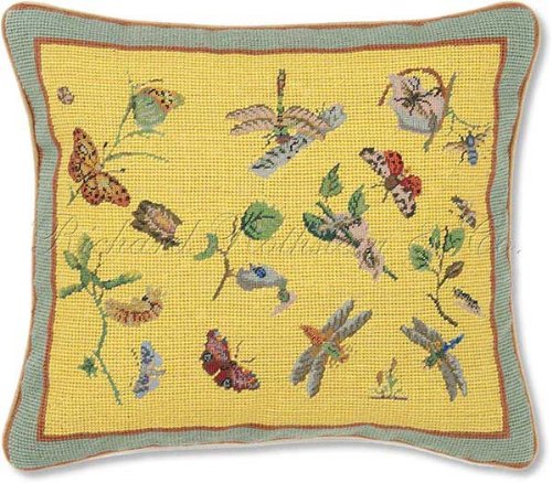 Colorful Butterfly and Bug Assortment on Yellow Backdrop with Teal Border and Brown Trim Needlepoint Pillow Free Shipping!
