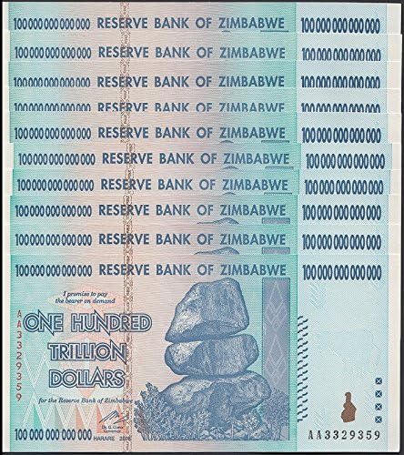 Zimbabwe 100 Trillion Dollars X 10 PCS, AA/2008 Series, UNC, Currency 50 & 100 Trillion Series
