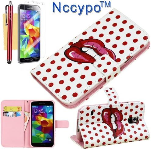 Galaxy S5 Case, Nccypo Sexy Open Red Lips Leather Wallet Case Protector with Stand,Credit Card Slots,Stylus Pen,Screen Protector and Cleaning Cloth For Samsung Galaxy S5 I9600