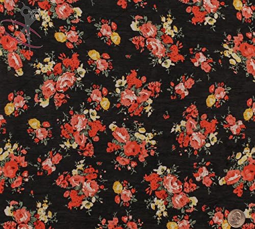 Rose Bushel Floral Print - Black - Hi Multi Chiffon - Fabric By the Yard