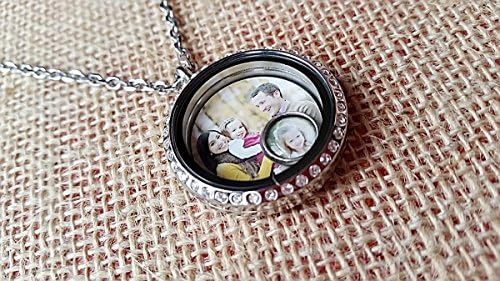 Personalized Photo Rhinestone Locket Necklace / Round Magnetic Locket with Double-sided Photo/Quote and 1 Floating Photo Charm / gift for her
