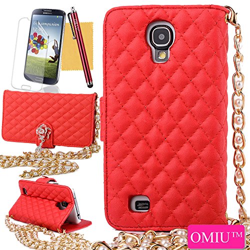 Galaxy S4 Case,OMIU(TM)Luxury Fashion Camellia Pendant Rhombus Handbag Metal Chain Style Superior Soft PU Leather Grid Purse Wallet Case Cover For Samsung Galaxy S4 i9500(Red),Sent Screen Protector+Stylus+Cleaning Cloth