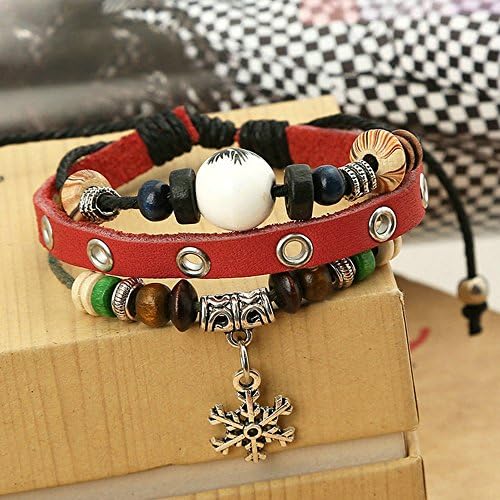 Nice Buckeye Romantic Snow Engraved Wood Beads Red Leather Leather Adjustable Length Wrap Bracelet