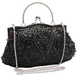 Black Antique Retro Flower Garden Embellished Seed Bead Sequin Kiss Closure Clasp Soft Clutch Evening Bag Purse Handbag with Handle / Detachable Shoulder Chain