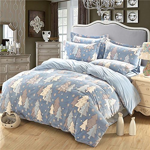 Prom Style 3d Reversible Soft Fuzzy Flannel Bedding Collections Duvet Cover Set 4PC Numinous Blue Tree Snowflake Pattern Full/Queen Size