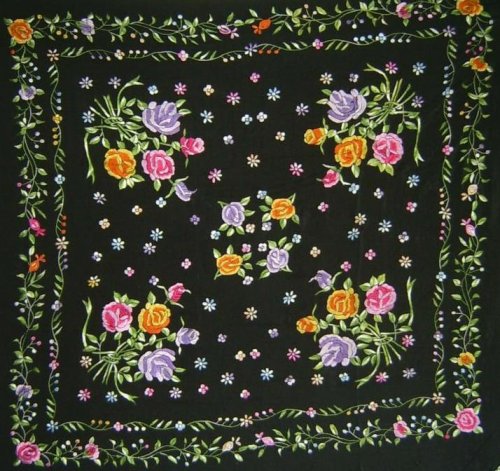 Silk Embroidery Piano Shawl: Black with Colorful Flamenco Floral 63