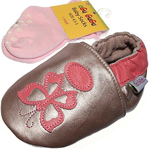 Butterfly Soft Soled Leather Baby Shoes with Matching Socks (12-18 Months, Silver)