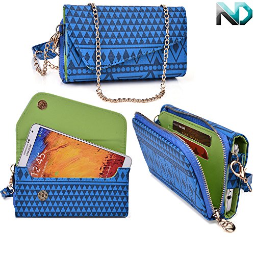 Women's Wristlet Clutch Wallet Lava Iris 502 with Credit Card Holder & Removable Crossbody Chain| Tribal Aztec Mayan Pattern| Steel Blue Navy Blue Lime Crime + ND Cable Organizer