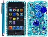 Pearl Flowers Blue Rhinestones Protector 3D Case for iPod touch 4 / 4G / 4th Generation - Aqua Blue 4.5" Branded Capacitive Stylus Pen Included - In The Friendly Swede® Retail Packaging