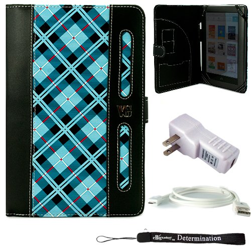 eBigValue: Blue Professional Portfolio Cover Carrying Case , Plaid Pattern with Synthetic Leather Design Feature with Memory Card , Notepad and Pen Slots For Barnes & Noble NOOK COLOR eBook Reader Tablet + Includes a eBigValue (TM) Determination Hand Strap + Includes a Travel USB Home Charger Kit + Includes a USB Data Sync Cable for your eReader