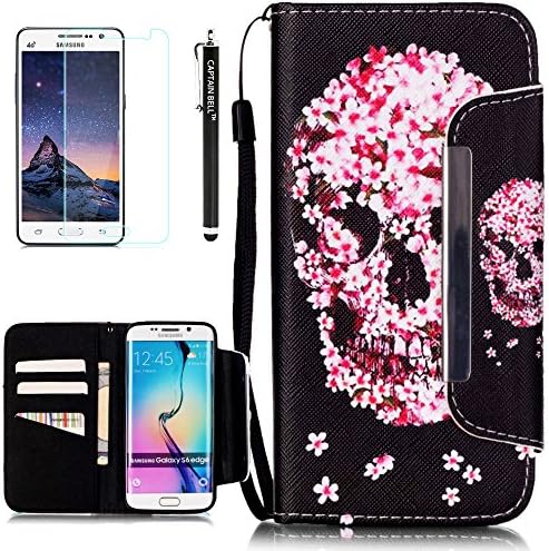 Captain Bell,Galaxy S6 Edge Case,S6 Edge Case,Galaxy S6 Edge Wallet Case,Pu Leather Flip Case Lanyard Cover Case for Samsung Galaxy S6 Edge [ Flower Skeleton]