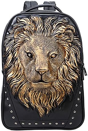 MOONDOSA Cool 3D Lion Punk Rivet PU Leather Travel Hiking School Book Laptop Bag Backpack for Teens
