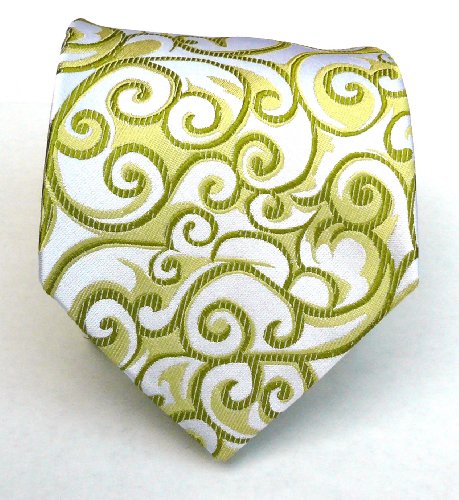 100% Silk Woven White and Lime Ivy Tie
