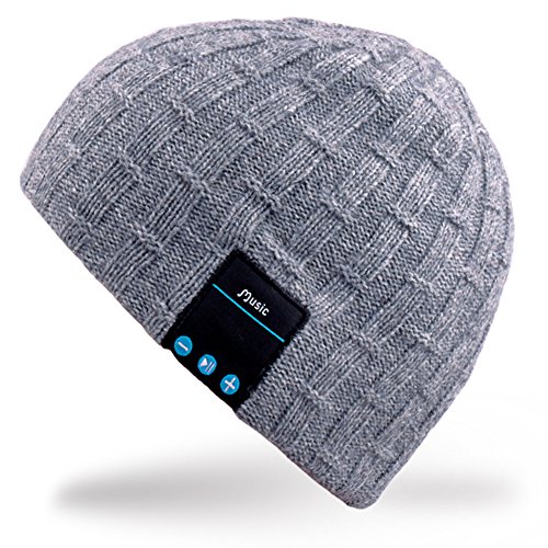 Mydeal Rechargeable Bluetooth Beanie Warm Soft Double Knitted Trendy Short Skully Hat Cap W/ Wireless Headphone Headset Earphone Speakerphone Mic for Sports Skating Hiking Camping Christmas Gift- Gray