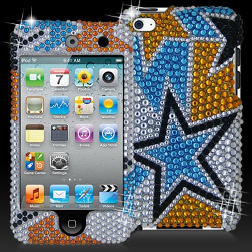 iPOD TOUCH 4 / 4G / 4TH BLUE ORANGE STARS ON SILVER RHINESTONE CASE