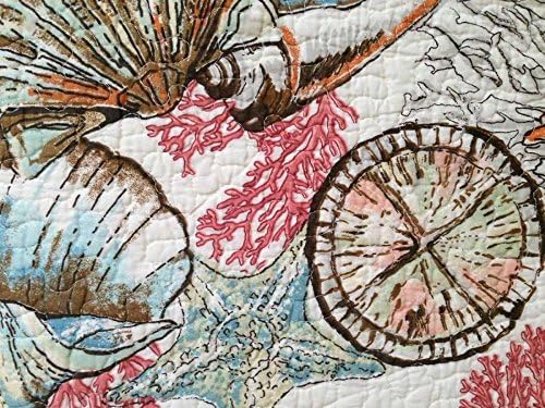 Tropical Seashell Aqua Coral 3 Piece Coastal Full/Queen Size Quilt Set