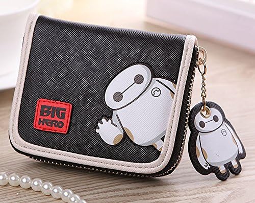 Fashion PU Cartoon Baymax Printed Short Zipper Coin Bag Purse (Black)