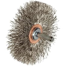 Weiler Narrow Face Wire Wheel Conflex Brush, Round Shank, Stainless Steel 302, Crimped Wire, 3" Diameter, 0.014" Wire Diameter, 1/4" Shank, 1" Bristle Length, 1/2" Brush Face Width, 20000 rpm