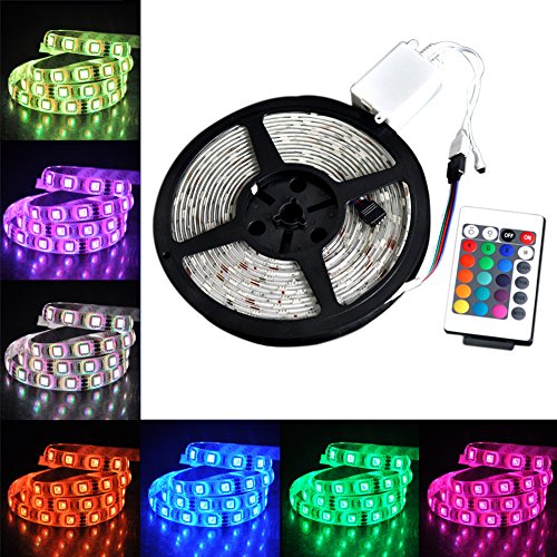 FAVOLCANO® 12V Flexible RGB LED Strip Lights, LED Tape, Multi-colors, 150 Units 5050 LEDs, Waterproof, Light Strips, 16.4ft/5m, 24Key IR Remote Controller