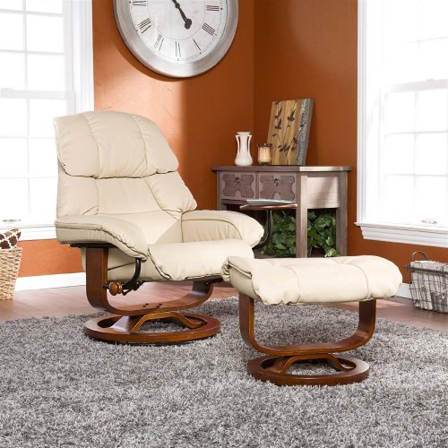 Southern Enterprises High Back Leather Recliner and Ottoman, Taupe On Sale