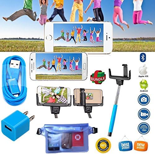 Vacation Bundle - 4 Items: 2015 Selfie Stick, Charger Set Wall Adapter, 3 Feet Cable, Mirror, Waterproof Bag, Bluetooth, Rechargeable, Remote Shutter, Adjustable Double Holder Compatible with Apple Iphone 6, Iphone 6 Plus, Iphone 5 Ios, Samsung Galaxy, Android Mobile Phones (Blue)