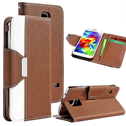 myLife Natural Brown and White - Classic Design - Koskin Faux Leather (Card, Cash and ID Holder + Magnetic Detachable Closing + Hand Strap) Slim Wallet for NEW Galaxy S5 (5G) Smartphone by Samsung (External Rugged Synthetic Leather With Magnetic Clip + Internal Secure Snap In Hard Rubberized Bumper Holder)