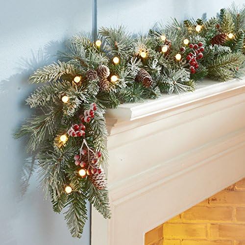 Cordless Pre-Lit LED Snowflocked Cone &amp; Berry Garland