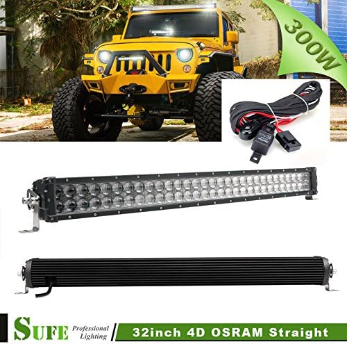 SUFE 32 INCH 300W Dual Row LED Light Bar Osram 4D SAE / ECE High Beam Work Lights For Offroad Truck Tractor SUV ATV 4X4 30000LM IP68 Free Wire Harness