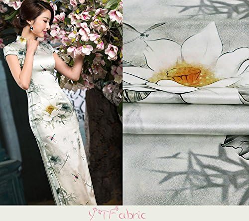 Nelumbo Nucifera Print Stretch Silk Satin Fabric, Floral Silk Fabric By the Yard