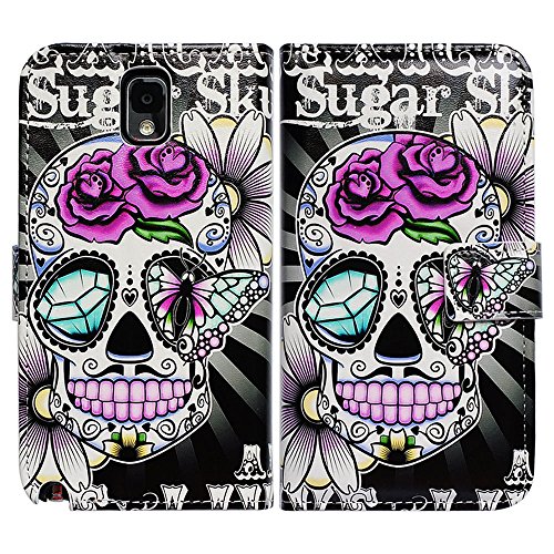 Bfun Packing Bcov Purple Flower Sugar Skull Wallet Leather Cover Case for Samsung Galaxy Note 3