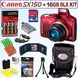Canon PowerShot SX150 IS 14.1 MP Digital Camera (Red) + 4 AA Batteries & AC/DC Rapid Charger + 16GB Deluxe Accessory Kit