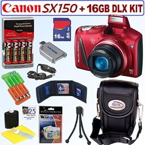 Buy Canon PowerShot SX150 IS 14.1 MP Digital Camera (Red) + 4 AA Batteries & AC/DC Rapid Charger + 16GB Deluxe Accessory Kit with best Review