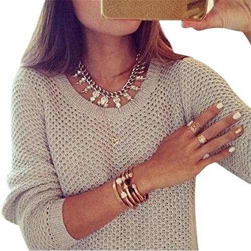 EKIMI Women's Long Sleeve Crewneck Hollow Knitted Sweater Cardigan Tops (XL)