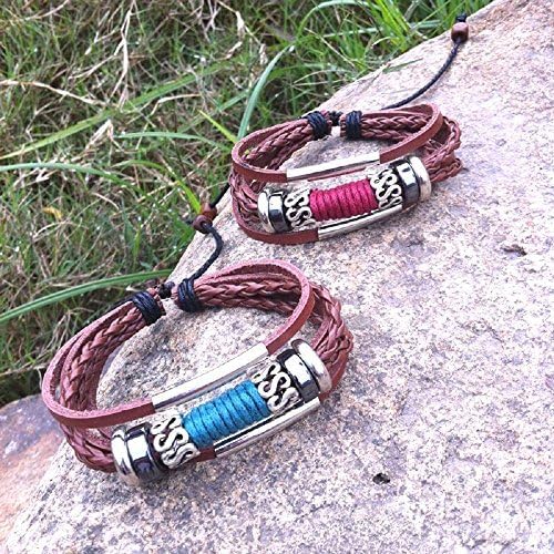 Triple Akahimo and blue cord brown leather pair bracelet casual ethnic Asian resort-style [G-premium] to witness a nice couple of Men Women combined Matching Love Love Love (blue only)