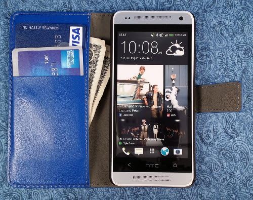 High Quality Vintage Vegan Leather Folio Wallet Case with Magnetic Enclosure and Kickstand for HTC ONE Mini M4 / PO58200 / PO58220 / 601S / 601E / 601N - Blue