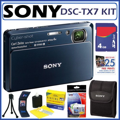 Sony DSCTX7 DSC-TX7 10.2MP CMOS Digital Camera with 4x Optical Zoom with Optical Steady Shot Image Stabilization and 3.5-inch Touch Screen LCD in Blue + 4GB Accessory Kit