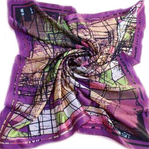 MKPLY Fashion Abstract Grid Pattern Purple Silk Square Large Scarf Head Scarves Shawl Wrap
