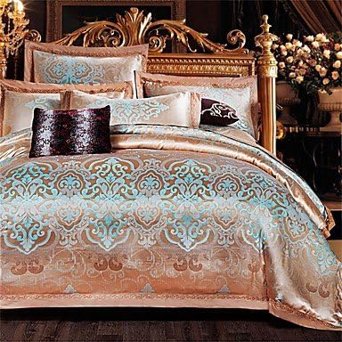 Quilt cover 100% Cotton Comfortable Luxury Floral Jacquard Duvet Cover Sets,Queen/King Size , queen-orange +light blue , queen-orange +light blue