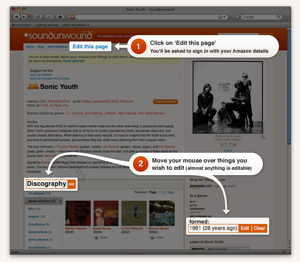 Click on 'Edit this page'. Move your mouse over things you wish to edit.