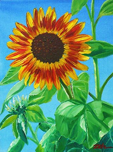 Red Sunflower Painting Original Acrylic on Canvas 12x16 Hand Painted Wall Art by Janet Zeh