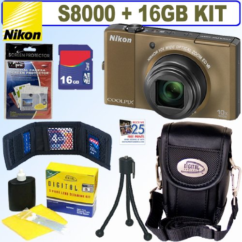 Nikon Coolpix S8000 14 MP Digital Camera (Bronze) + 16GB Accessory Kit