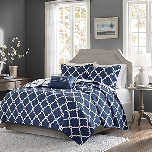 Madison Park Essentials Merritt King/Cal King Size Quilt Bedding Set - Navy , Geometric – 4 Piece Bedding Quilt Coverlets – Ultra Soft Microfiber Bed Quilts Quilted Coverlet