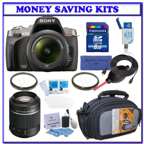 Sony Alpha A330 Digital SLR with 18-55mm & 55-200mm Lens (DSLR-A330Y) + Transcend 8GB SDHC Secure Digital Memory Card + Willoughbys Two (2) 55mm UV Protective Starter Kit