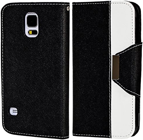 myLife (TM) Graphite Black and Snow White - Koskin Faux Leather (Card, Cash and ID Holder + Magnetic Detachable Closing + Hand Strap) Slim Wallet for NEW Galaxy S5 (5G) Smartphone by Samsung (External Rugged Synthetic Leather With Magnetic Clip + Internal Secure Snap In Hard Rubberized Bumper Holder)