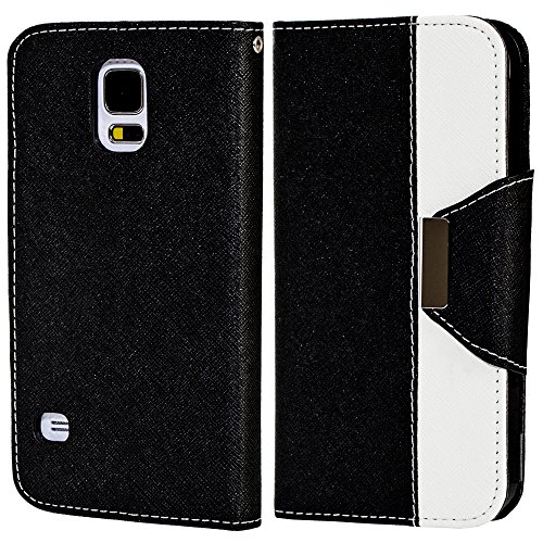 myLife (TM) Graphite Black and Snow White - Koskin Faux Leather (Card, Cash and ID Holder + Magnetic Detachable Closing + Hand Strap) Slim Wallet for NEW Galaxy S5 (5G) Smartphone by Samsung (External Rugged Synthetic Leather With Magnetic Clip + Internal Secure Snap In Hard Rubberized Bumper Holder)