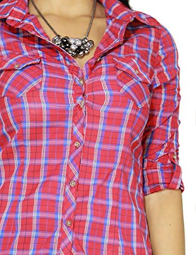 Women's Cotton Plaid Ranch Texas Style Casual Button Down Roll Up Sleeve Shirts (SMALL, RED-655303)